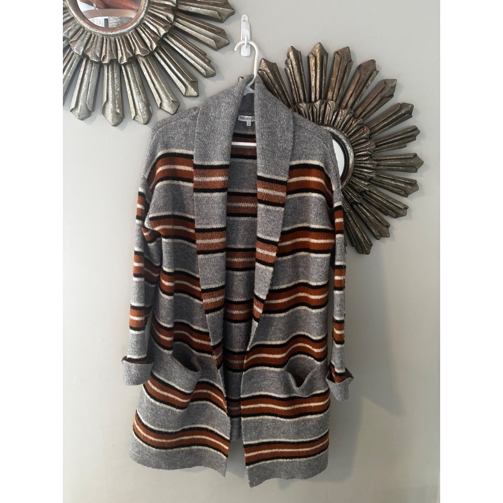 Heartloom Striped Open Front Shawl Collar‎ Cardigan Sweater Grey Orange Small